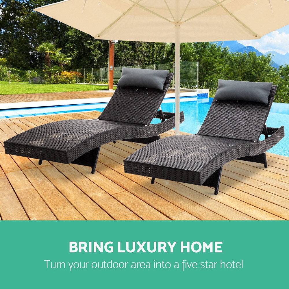 Gardeon Set of 2 Outdoor Wicker Sun Lounges - Black