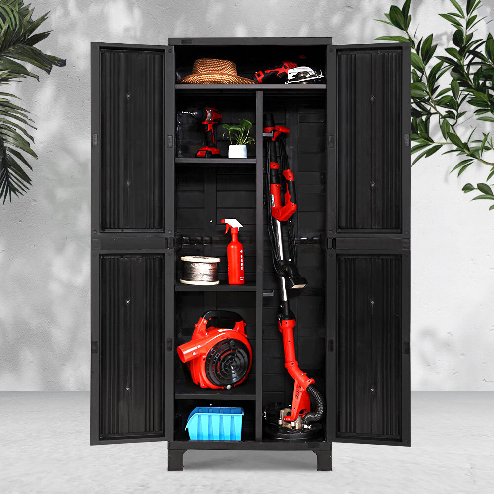 tall outdoor storage shed with shelves