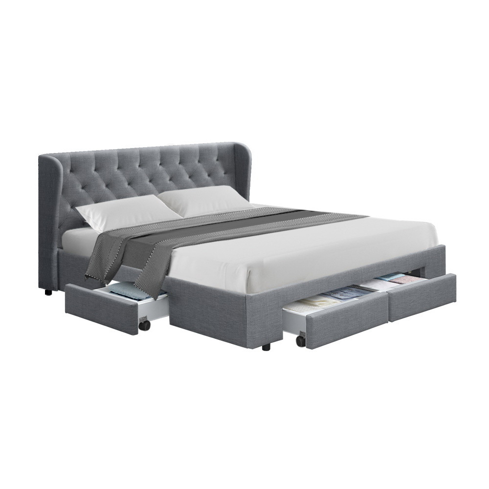 Artiss King Size Bed Frame Base Mattress With Storage Drawer Grey Fabric MILA