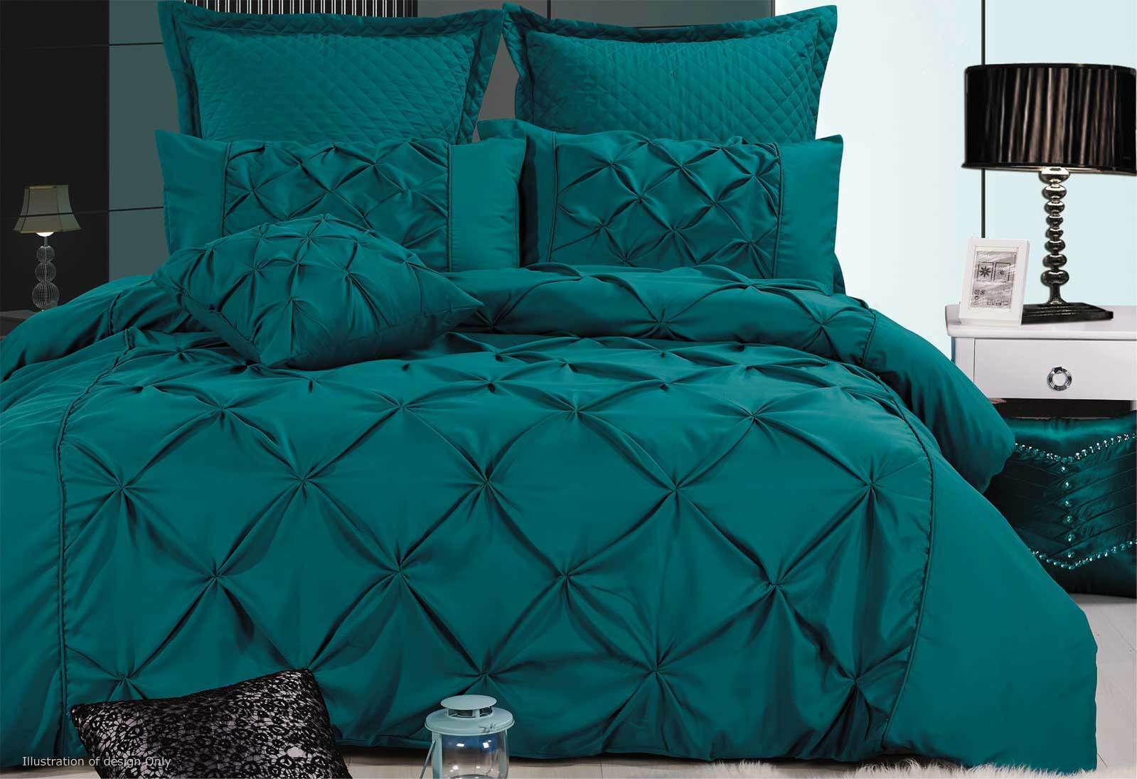 King Size Fantine Teal Diamond Pintuck Quilt Cover Set 3pcs