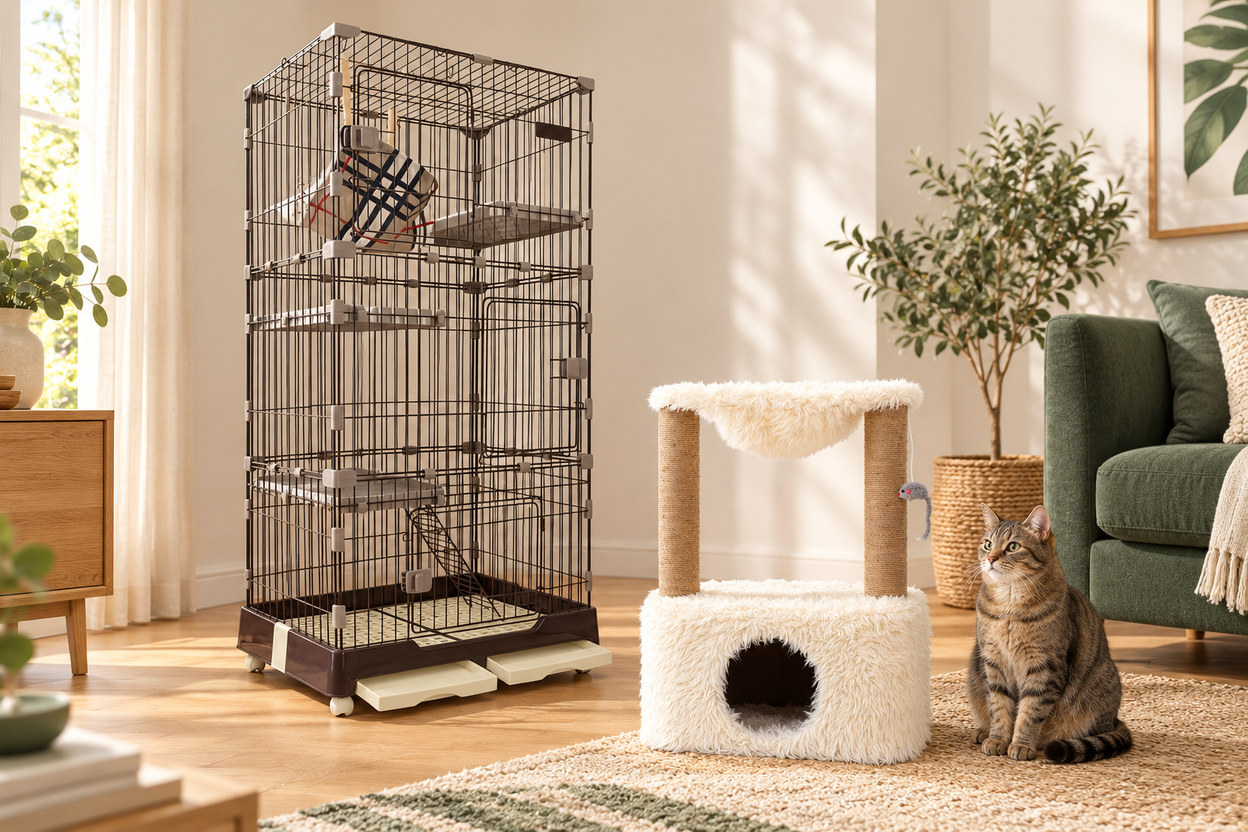 Cat enclosure and pet essentials in a living room