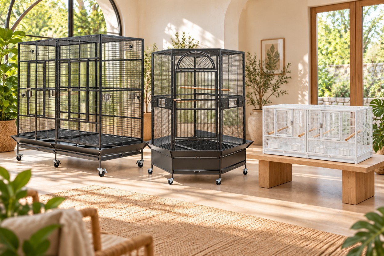Bird cages in a sunlit conservatory