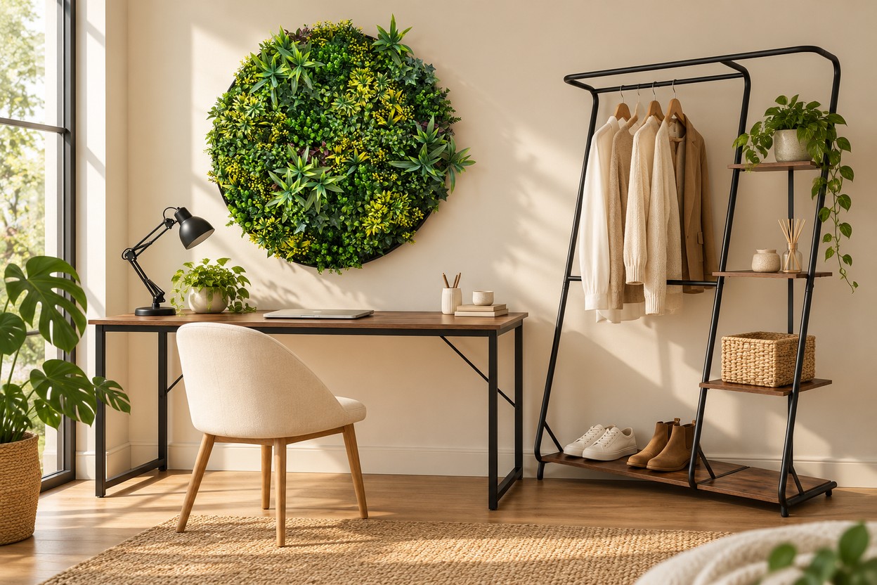 YES4HOMES FIREWORKS circular greenery wall art, M7911Z office desk and freestanding open closet in a bright home office