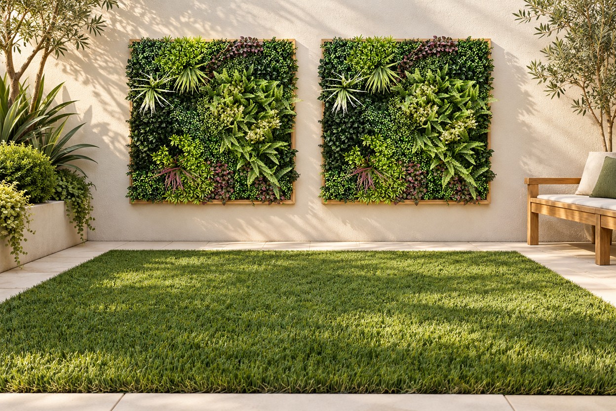 YES4HOMES CATHIE 35mm artificial grass and HERA foliage panels in a courtyard