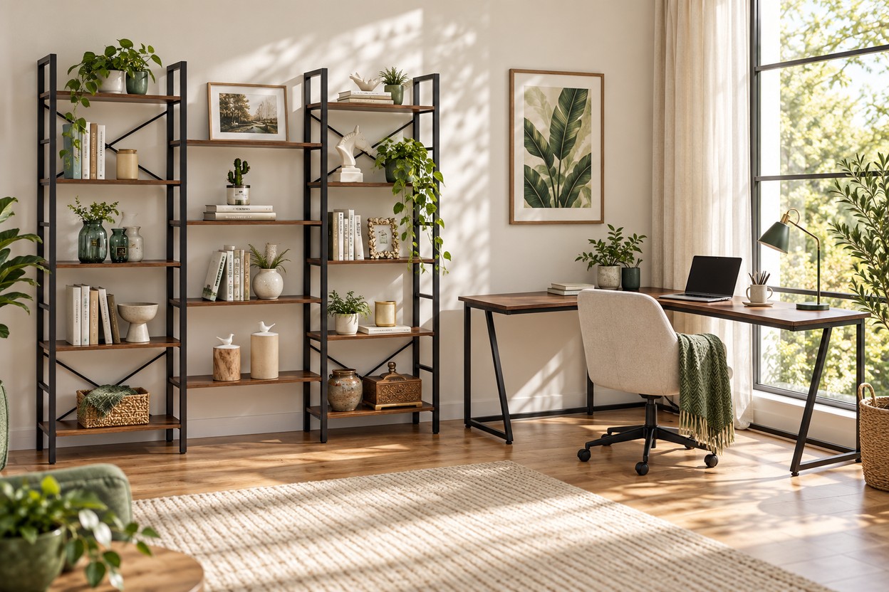 YES4HOMES walnut corner computer desk and industrial bookshelf in a bright home office