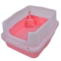 Large Deep Cat Kitty Litter Tray High Wall Pet Toilet Tray With Scoop Pink