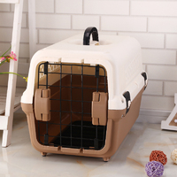 Small Portable Plastic Dog Cat Pet Pets Carrier Travel Cage With Tray-Brown