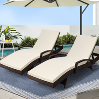 Gardeon 2PC Sun Lounge Wicker Lounger Outdoor Furniture Beach Chair Patio Adjustable Cushion Brown