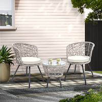 Gardeon 3PC Bistro Set Outdoor Furniture Rattan Table Chairs Patio Garden Cushion Grey