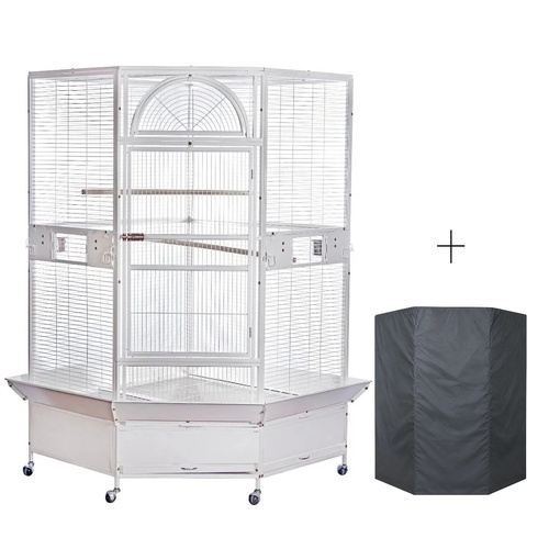 YES4PETS 185cm XXL White Corner Bird Cage Pet Parrot Aviary  Perch Castor Wheel With Cover