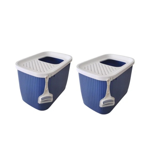  2 X YES4PETS XXL Top Entry Cat Litter Box No Mess Large Enclosed Covered Kitty Tray Dark Blue