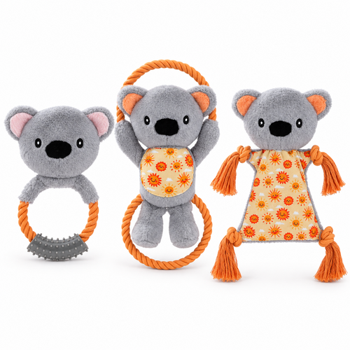 3 x Koala Plush Rope Dog Toys Squeaky Tugger Assorted Set