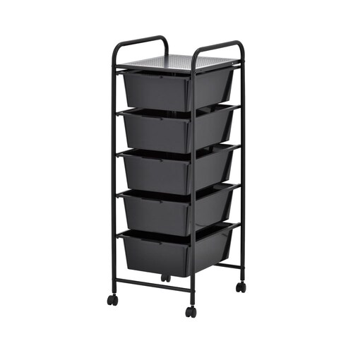 YES4HOMES Black Plastic Storage 5 Drawer with Metal Trolley Shelf and Slide-Out Drawers