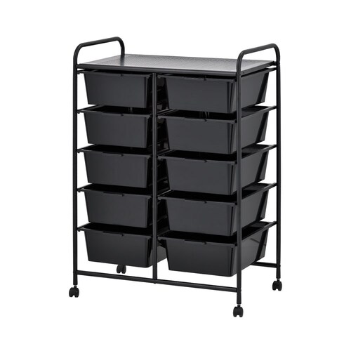 YES4HOMES Black Plastic Storage 10 Drawer with Metal Trolley Shelf and Slide-Out Drawers