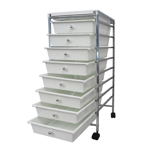 YES4HOMES White Plastic Storage 8 Tier with Metal Trolley Shelf and Slide-Out Drawers