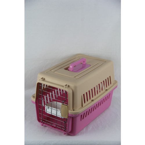 Small Dog Cat Rabbit Crate Pet Carrier Airline Cage With Bowl and Tray-Pink