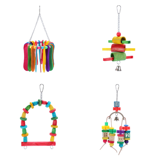 4 X Assorted Wood Large Hanging Swing Bird Parrot Parakeet Cockatiel Budgie Toys