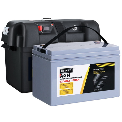 GIANTZ 100Ah Deep Cycle Battery & Battery Box 12V AGM Marine Sealed Power Solar