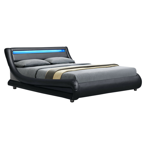 Artiss LED Bed Frame King Size Mattress Base Platform Black Leather Wooden ALEX