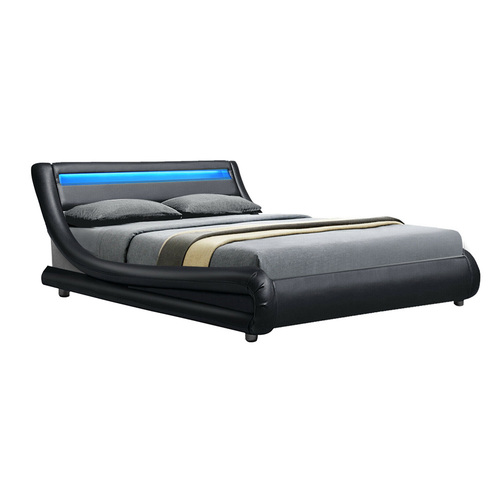 Artiss LED Bed Frame Queen Size Base Mattress Platform Black Leather Wooden ALEX