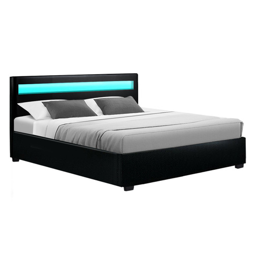 Artiss LED Bed Frame King Size Gas Lift Base With Storage Black Leather