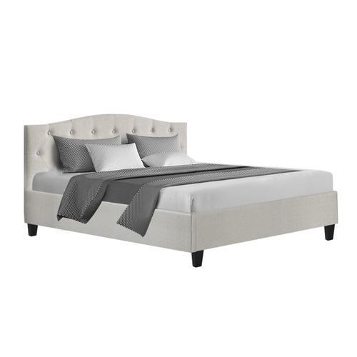 Bed Frame Queen Size Base Mattress Platform Fabric Wooden Beige LARS