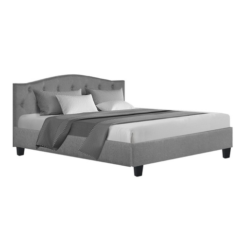 Bed Frame Queen Size Base Mattress Platform Fabric Wooden Grey LARS