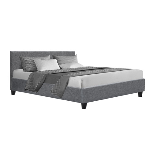 Bed Frame Queen Size Base Mattress Platform Full Size Fabric Wooden Grey NEO