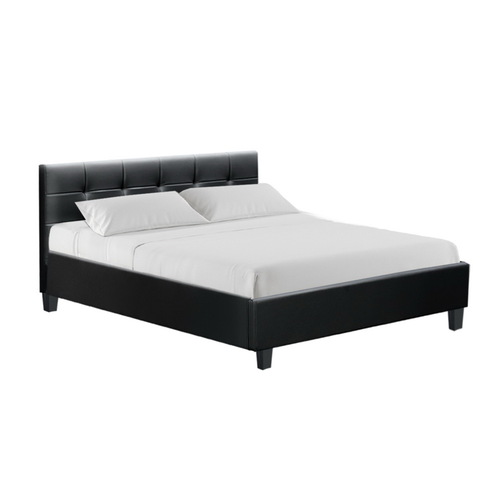 Bed Frame Queen Size Base Mattress Platform Leather Wooden Black SOHO