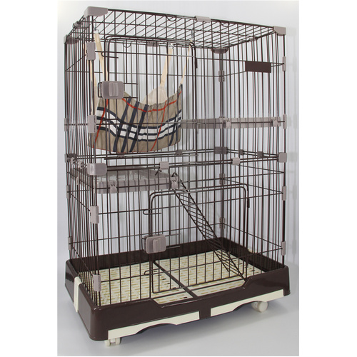 YES4PETS 124 cm Brown Pet 3 Level Cat Cage House With Litter Tray & Wheel 82x57x124 cm