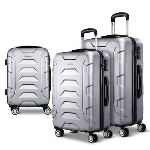 Wanderlite 3pc Luggage Trolley Travel Suitcase Set TSA Hard Case Shell Strap Silver