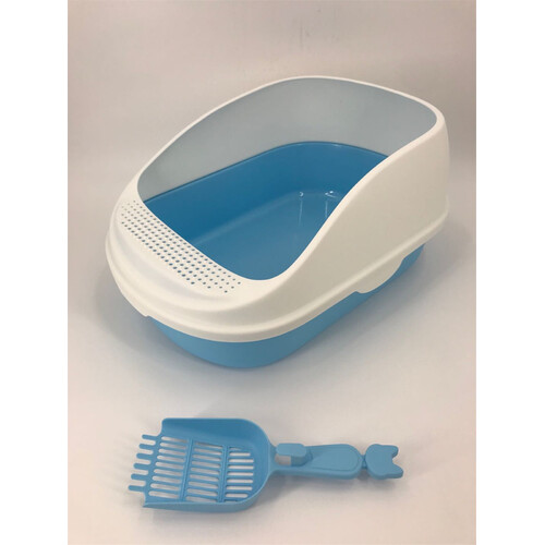 YES4PETS Large Deep Cat Toilet Litter Box Tray High Wall with Scoop Blue