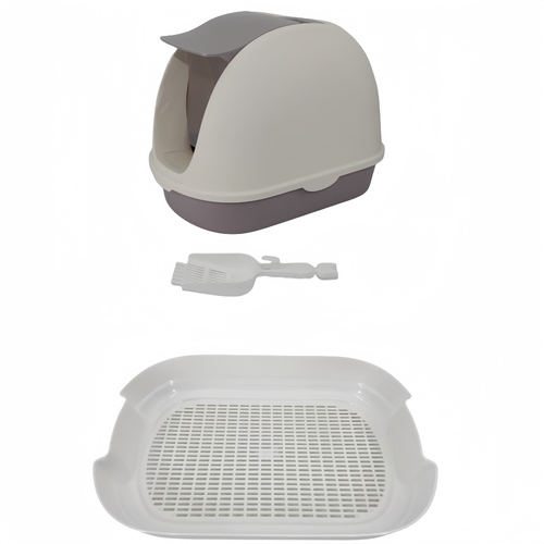 Portable Hooded Cat Toilet Litter Box Tray House with Scoop and Grid Tray