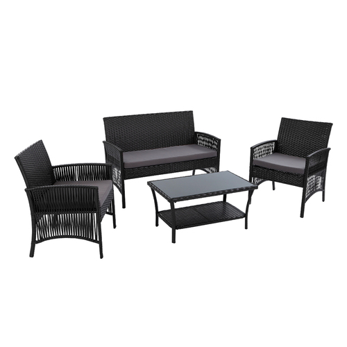 Gardeon 4PCS Outdoor Sofa Set Wicker Harp Chair Table Garden Furniture Black