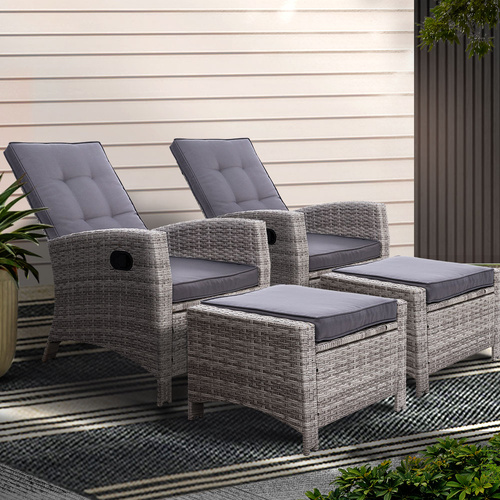 Gardeon 2PC Recliner Chairs Sun lounge Wicker Lounger Outdoor Furniture Adjustable Grey