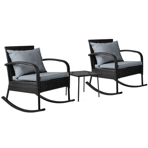 Gardeon 3PC Rocking Chair Table Wicker Outdoor Furniture Patio Bistro Set Black