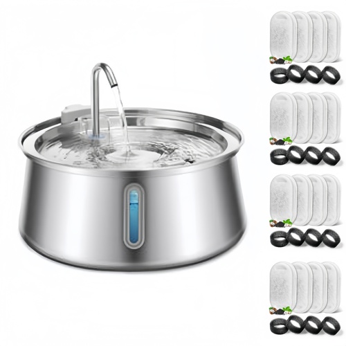YES4PETS 4L Automatic Electric Pet Water Fountain Dispenser Dog Cat Stainless Steel with 17x Filters