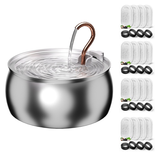YES4PETS 4L Automatic Electric Pet Water Fountain Dispenser Dog Cat Stainless Steel with 17x Filters
