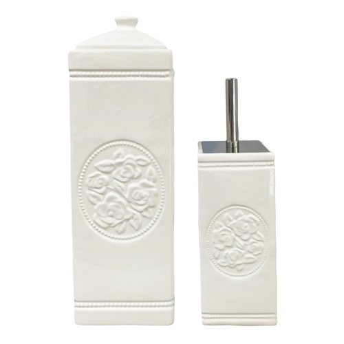 YES4HOMES Gloss White Ceramic Bathroom Accessories Set Toilet Brush Paper Roll Holder