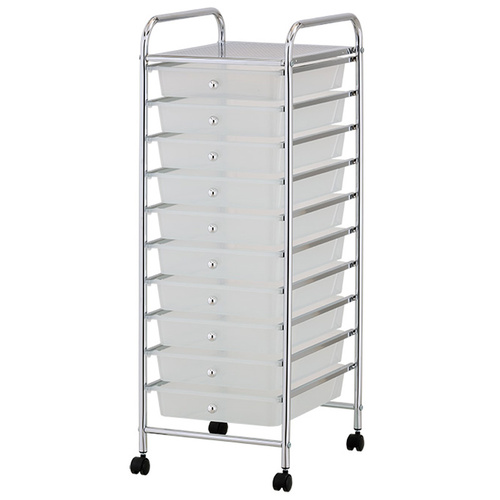White Plastic Storage10 Tier with Metal Trolley Shelf and Slide-Out Drawers