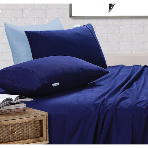 Elan Linen 100% Egyptian Cotton Vintage Washed 500TC Navy Blue King Single Bed Sheets Set