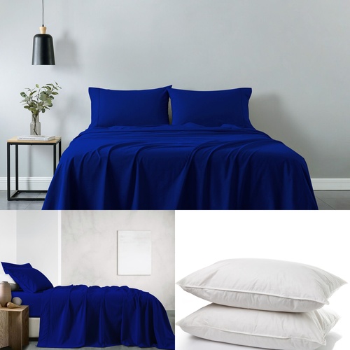 Royal Comfort 100% Cotton Vintage Sheet Set And 2 Duck Feather Down Pillows Set - Single - Royal Blue