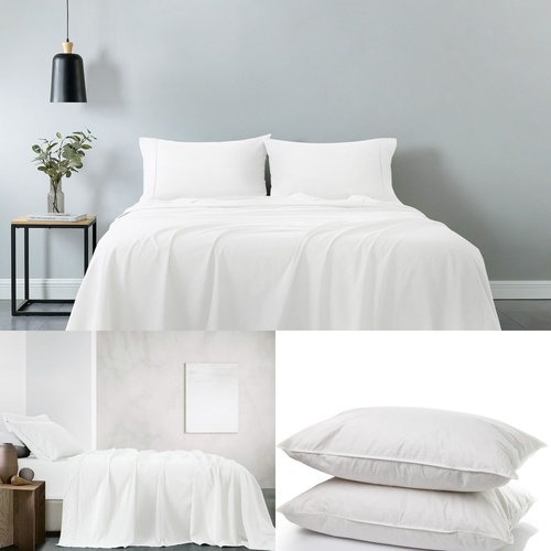 Royal Comfort 100% Cotton Vintage Sheet Set And 2 Duck Feather Down Pillows Set - Double - White