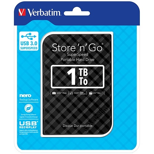 VERBATIM 1TB 2.5\' USB 3.0 Black Store\'n\'Go HDD Grid Design