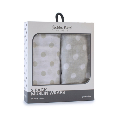 Bubba Blue Grey Polka Dots 2Pk Muslin Wraps 96473