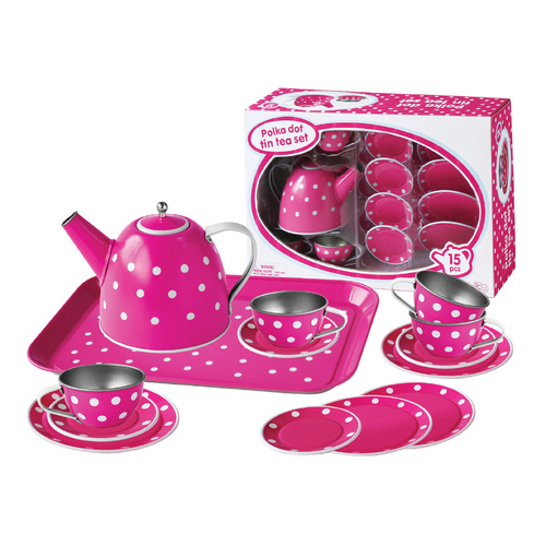 WHITE POLKA DOT ON PINK TIN TEA SET 15PCS