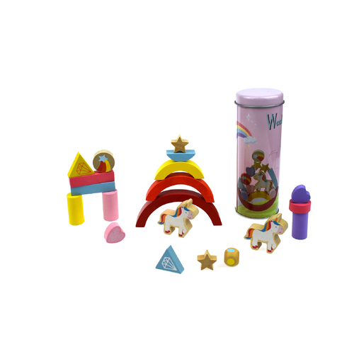 WOODEN UNICORN  BALANCING BLOCKS IN METAL CYLINDER