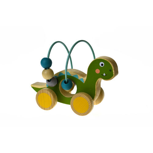 WOODEN DINOSAUR BEAD MAZE ON WHEEL GREEN
