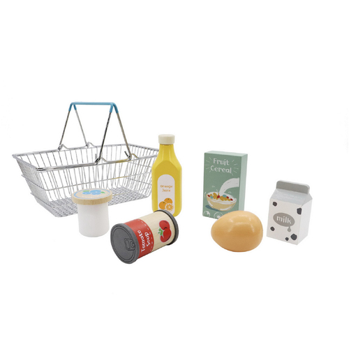 WOODEN GROCERY WITH METAL SHOPPING BASKET