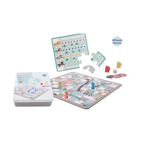 2 IN 1 GAME IN TIN BOX SNAKE & LADDER HORSE RACING